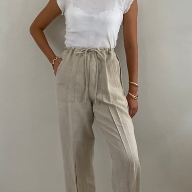 90s linen pants / vintage oatmeal linen high waisted drawstring easy beach relaxed unlined pants | Small Medium 