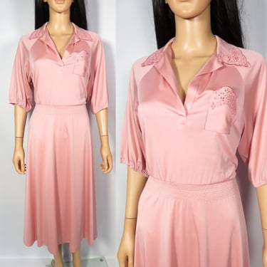 Vintage 70s Blush Pink Silky Satin Dress Made In USA Size L 