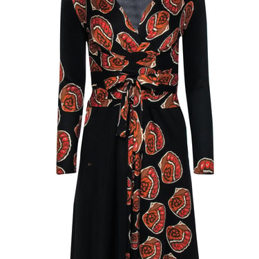 Issa London - Black & Sienna Monarch Print Silk Knee Length 'Kate' Wrap Dress Sz 6
