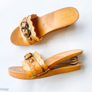 1970s Vintage Wooden Sandals | 70s Wood Wedge Slides | 70s Wood Spring Heel Sandals | Domo Italy 
