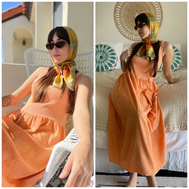 80s Cottage Maxi Dress Hand dyed Tangerine M L 