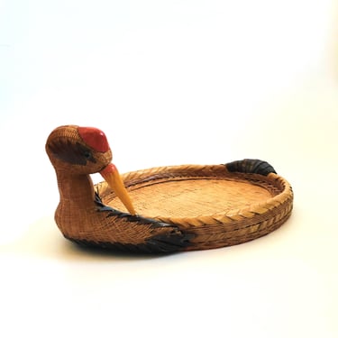 1970s Shanghai Handicrafts Large Wicker Bird Tray 