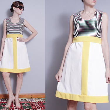 Vintage 1960's/1970's | Black and White | Striped | Color Block | Mod | Dress | M 