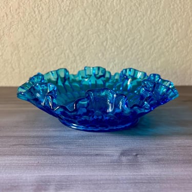 Vintage Fenton Art Glass Colonial Blue Thumbprint Round Crimped Bowl 