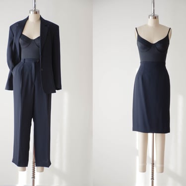 navy suit | 90s vintage dark blue dark academia high waisted pants pencil skirt coat 3 piece suit set 