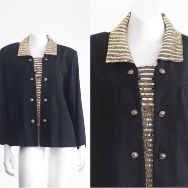 1980s Black and Gold Blazer with Striped Gold Shirt Panel 