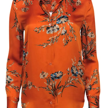 Equipment - Orange Floral Printed Satin Button-Front Blouse Sz XXS