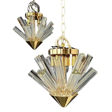 Mid Century Pair of Murano Glass Tried &amp; Glass Flushmount Pendants