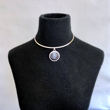 Large, Vintage Smoky Grey Cat's Eye Pendant on Silver Choker Collar Necklace - Modern, Mod, Geometric, Witch Halloween Jewelry, Full Moon 