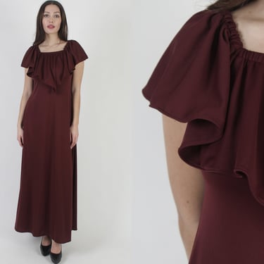 70s Monochrome Grecian Disco Dress / Womens Cocktail Lounge Singer Maxi / Dark Burgundy Single Color Long Dress 