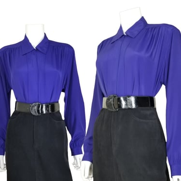 Vintage Cocktail Blouse, Large / Royal Purple Button Blouse with Pleated Shoulders / 1980s Long Sleeve Jewel Tone Dress Top 