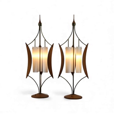 Modeline Style Vintage Mid Century Modern Brass and Walnut Sculptural Table Lamp One or Pair c. 1960s 