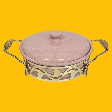 Vintage Bauer Covered Casserole with Holder Retro 1960s Mid Century Modern + Pink + Speckled + Ceramic + Gold Metal Frame + Kitchen + Cook 