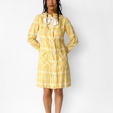 1960s Yellow Plaid Button Dress, sz. S/M