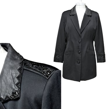 Vintage Black Blazer with Leather and Beaded Collar and Cuffs Long Fit Women’s Jacket 