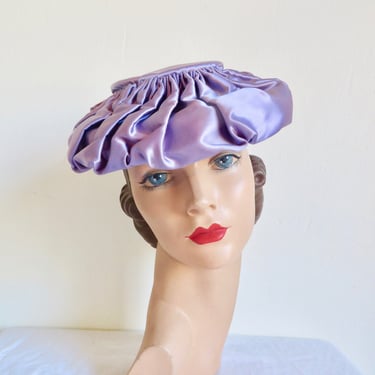 1950's Lavender Lilac Satin Hat with Ruching Pleating Bow Trim Rockabilly 50's Spring Summer Millinery Modern Miss 