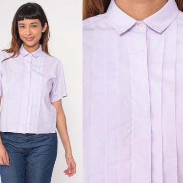 Lavender Pleated Blouse Vintage 80s Button Up Shirt Pleat Front Top 1980s Short Sleeve Plain Basic Blouse Medium 