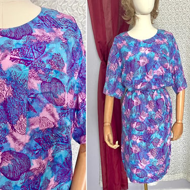 Silk Outfit, Skirt and Top, Abstract Print, Purple Pink, Vintage 80s 90s 