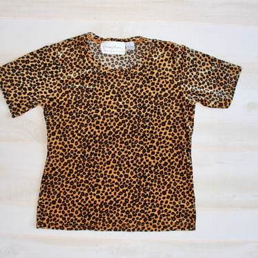 Vintage 90s Velvet Shirt, 1990s Leopard Print Blouse, Short Sleeve, Slinky, Stretchy, Animal Print 