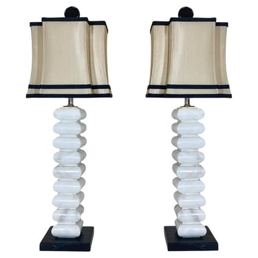Pair of Mid-Century Stacked White Marble Lamps