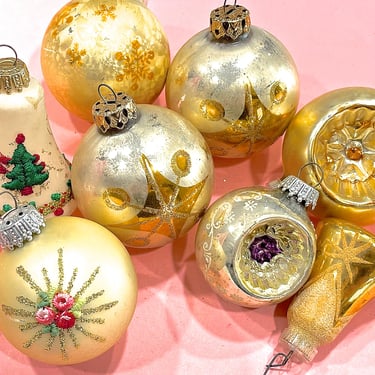 VINTAGE: 7pcs - West German Mercury Glass Ornaments - Indent, Bell, Christmas Ornaments - Glittered Ornament - Made in Germany 