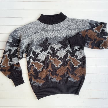 gray bird sweater | 80s vintage Lillian Lorow gray black brown abstract bird intarsia dark academia streetwear aesthetic mockneck sweater 