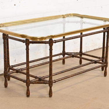 Baker Furniture Hollywood Regency Chinoiserie Faux Bamboo, Brass, and Glass Cocktail Table