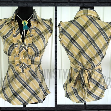 Vintage Western Women's Cowgirl Sleeveless Shirt made by Candies, Yellow & Black Plaid with Ruffled Front, Tag Size Medium (see meas. photo) 