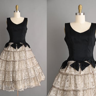 vintage 1950s Dress | Black Satin Tier Lace Full Skirt Cupcake Party Dress | Small 
