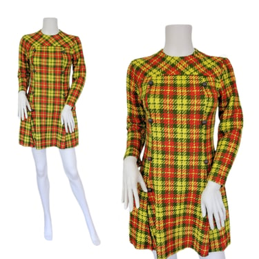 1960's Yellow Woven Plaid MOD Mini Dress I Sz Sm 