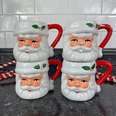 Vintage MCM Santa Face Mug set of 4, Santa Clause Ceramic Hand Painted Christmas Decorations, Santa Clause Mid Century Christmas Decor 