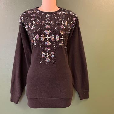 1980s beaded sweater vintage black and shimmery sequin knit pullover XL 