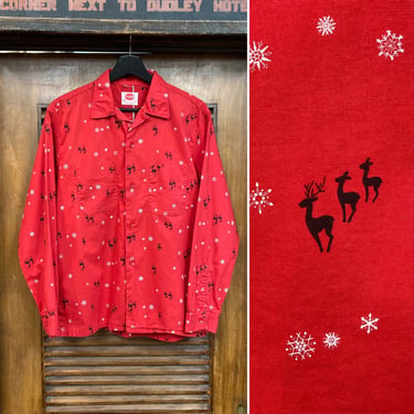 Vintage 1950’s “Pilgrim” Atomic Snowflake Reindeer Cotton Rockabilly Shirt, 50’s Loop Collar Shirt, Vintage Clothing 