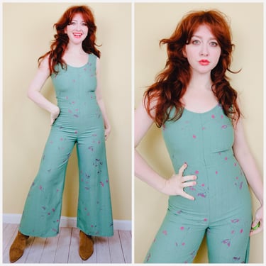 1970s Vintage Green and Pink Floral Jumpsuit / 70s Homemade Wide Leg Cotton Romper / Size Medium 