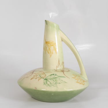Large Vintage Pastel Yellow Green Fat Lava Ceramic Pitcher Floor Vase Accent Autumn Leaves West German Pottery Art Retro Mid Century Modern 