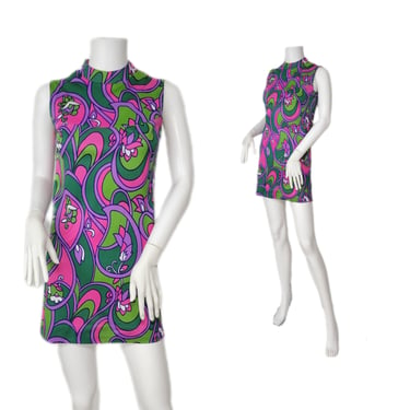 Roos Atkins 1960's Green Pink Psychedelic Swirl Print Nylon Mini Dress I Sz Sm 