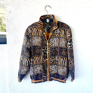 Vintage 90s Animal Print Silk Windbreaker Leopard Cheetah Patchwork Lightweight Jacket 