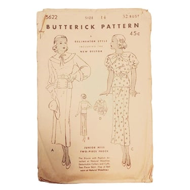 Vintage 30s Sewing Pattern:  Dress w/Collar & Belt Butterick 5622 