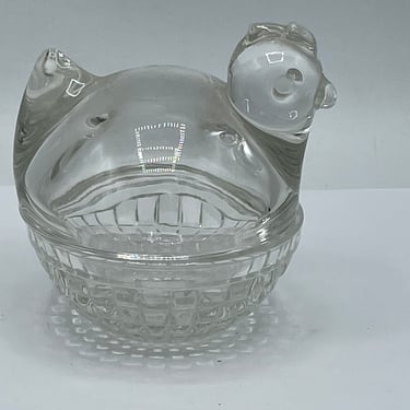 Vintage Anchor Hocking Clear Nesting Hen Chicken Covered Dish Sugar Bowl 
