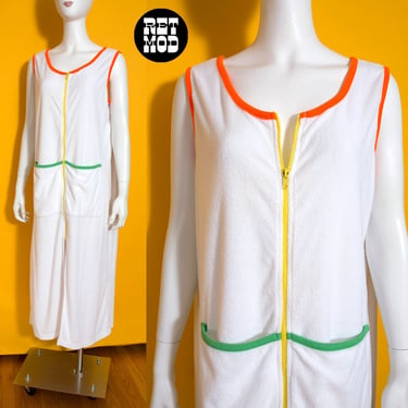 Super Cute Vintage 70s 80s 90s White Terrycloth Cover-Up Dress with Neon Color Block Trim & Pockets 