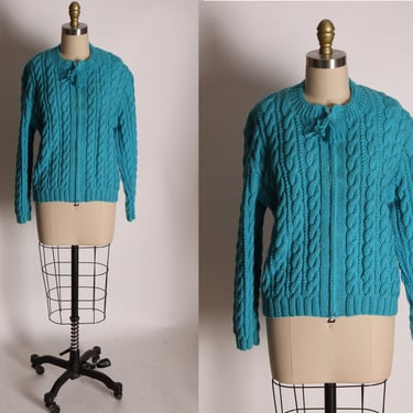 1960s Turquoise Blue Braided Look Long Sleeve Zip Up Sweater Cardigan 