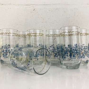 Vintage Flower Power Glasses Blue Floral Set of 8 Daisy Pattern Flowers Juice Home Kitchen Glassware 1970s 