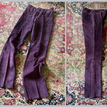 Vintage ‘80s CHAR DESIGNS Sante Fe suede pants | leather trousers, dark purple plum with cherry red piping, S/M 