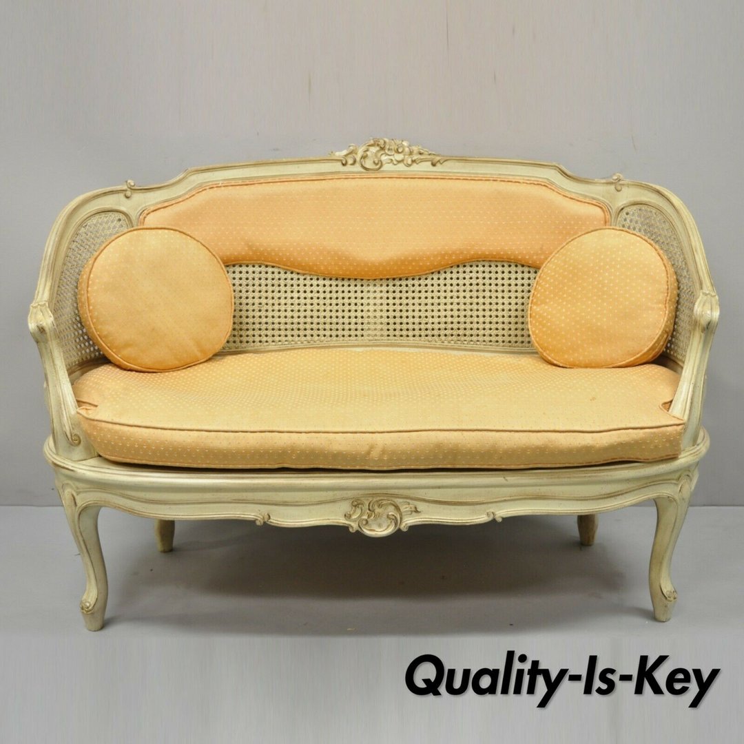 Vintage French Louis XV Victorian Style Small Cane Cream Settee
