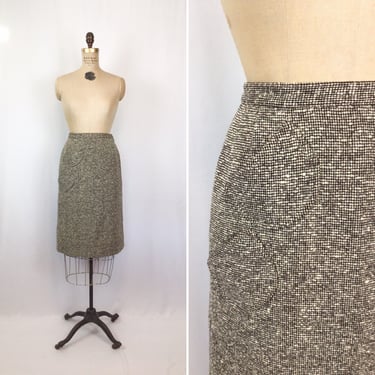 Vintage 50s skirt | Vintage brown ivory tweed pencil skirt | 1950s Cerey wool skirt 