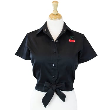 Cherry Crop Top - Black Knot Top With Embroidered Cherries 