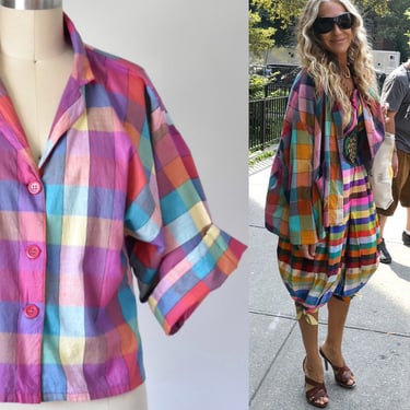 Carrie cotton rainbow plaid jacket top, 80s check cropped blazer, summer shirt, womens vintage clothing, erstwhile style 