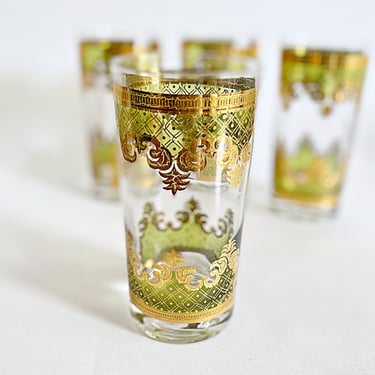 Vintage Georges Briard Glasses | Set of 4 Green & Gold Carrara Highball Tumblers | Moroccan Barware for Boho Christmas Holiday Decor Gift 