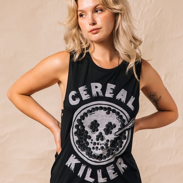 Cereal Killer Womens Foodie Tank | Funny Breakfast Shirt | Skull Cereal Tshirt | Food Puns | True Crime Shirt | Hipster | Workout Tanktop 