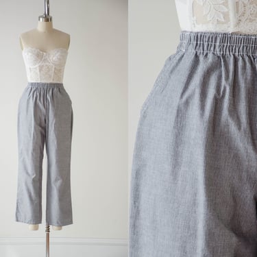 high waisted pants | 90s vintage gray white striped elastic waist straight leg ankle trousers 